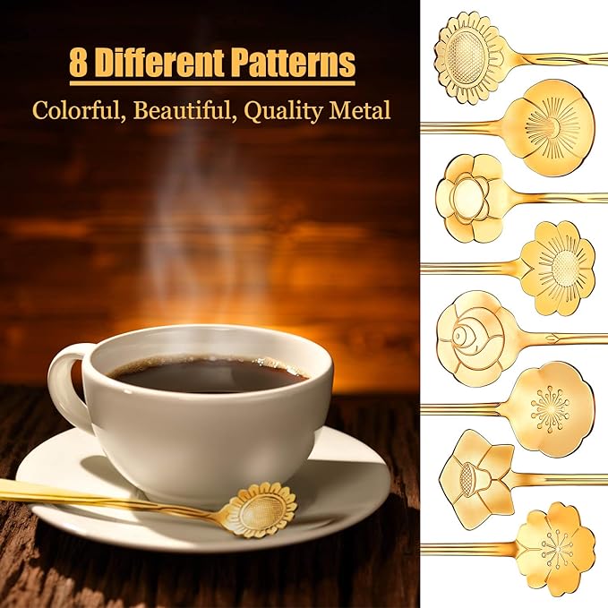 Chengu 8 Pieces Flower Coffee Tea Spoons Stainless Steel Sugar Spoons Tea Party Flower Fancy Tableware Set Stir Bar Creative Stirring Teaspoon, 8 Different Patterns(Gold)
