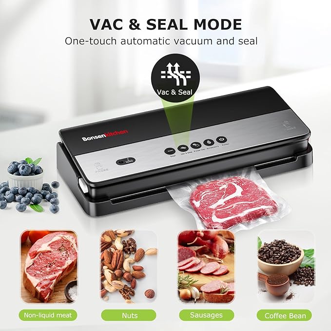 Bonsenkitchen Vacuum Sealer Machine, Multi-Functional Food Sealer with Built-in Cutter & Bag Storage, High-Speed Continuous Working with Globefish Technology, Includes Vacuum Bags & Roll Bag, Black