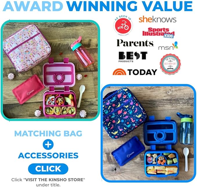 Bento Box Lunch Boxes for Kids Boys Girls, Snack Containers for Toddler Daycare, Pre-School Lunches, 4 Divided Compartments, Pink Unicorn + Blue Space Dinosaur 2 pack