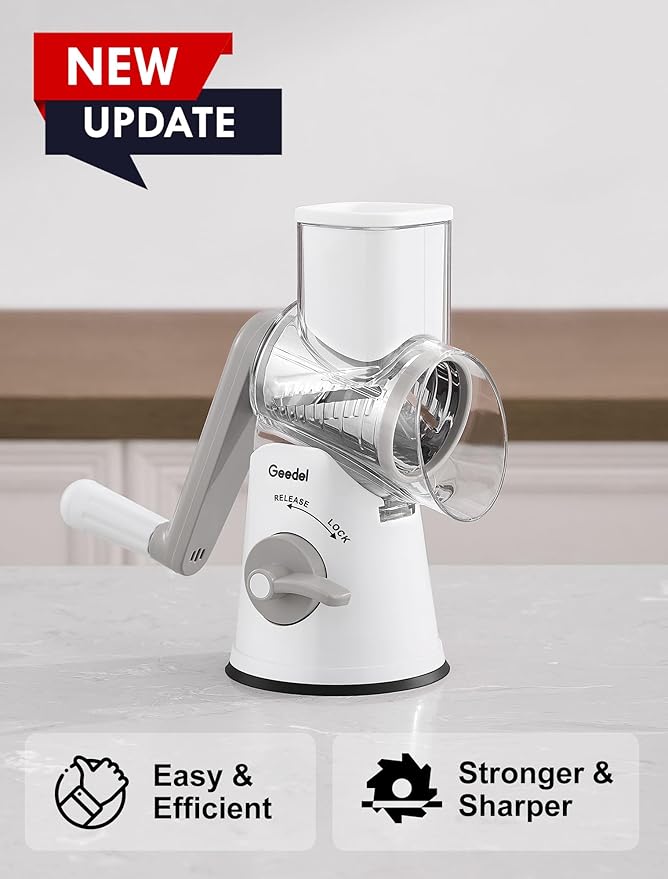 Geedel Rotary Cheese Grater Cheese Shredder with 5 Interchangeable Blades - Upgraded Rotary Grater Featuring Strong Suction Base for Cheese Shredding, Wavy Slicing, Nut Grinding, and Ice Shaving
