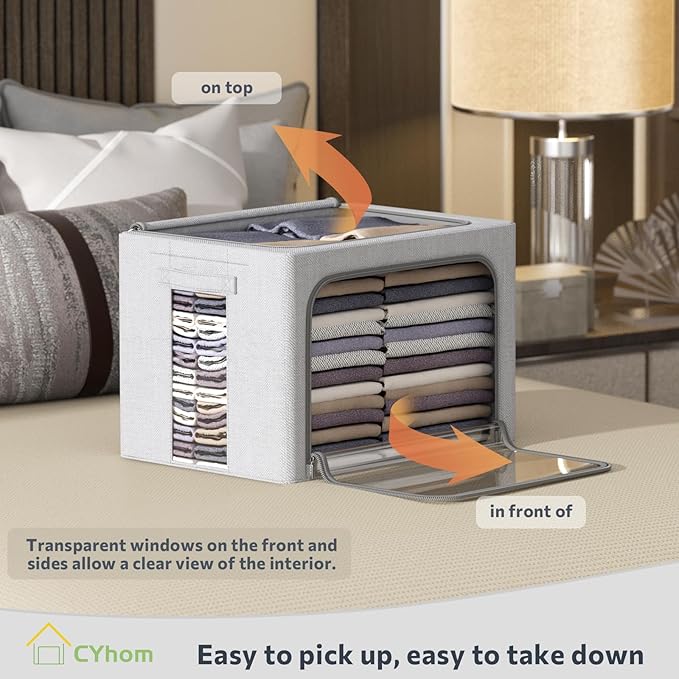 Clothes Storage Bins Box - Foldable Stackable Container Organizer Set with Clear Window & Carry Handles & Metal Frame - 2Pack Large Capacity for Bedding, Blankets, Books