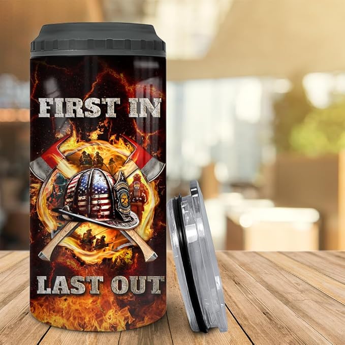 SANDJEST Firefighter Tumbler American Flag 4 in 1 12oz Tumbler Can Cooler Coozie Skinny Stainless Steel Tumbler Gift for Firemen Fire Department Dad Men Father Graduation Retirement
