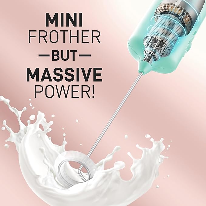 Mini & Mighty Milk Frother Wand – Powerful Handheld Coffee Frother, Battery Operated Drink Mixer – Compact Pocket Size – Detachable Whisk for Latte, Cappuccino, Matcha, Hot Chocolate – Mint