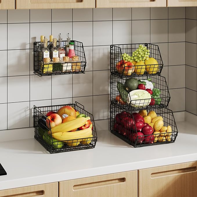X-cosrack 3-Tier Stackable Wire Baskets for Pantry Organization and Storage, Kitchen Counter Basket for Potato Onion Storage, Fruit and Vegetable Storage Basket, Metal Baskets for Snack Produce Cans
