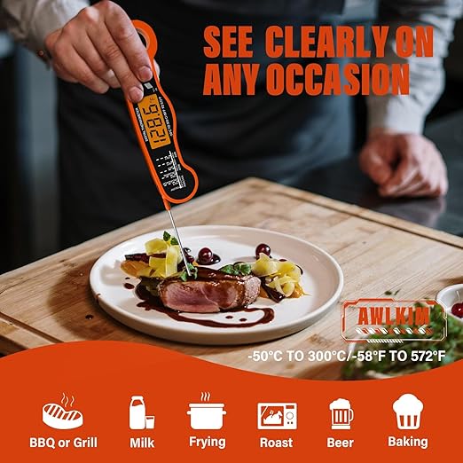 Meat Thermometer Digital - Fast Instant Read Thermometer for Cooking, Grilling, Candy Making, IP67 Waterproof with Backlight,Christmas Stocking Stuffers Gifts for Men, Dad, Husband - Orange