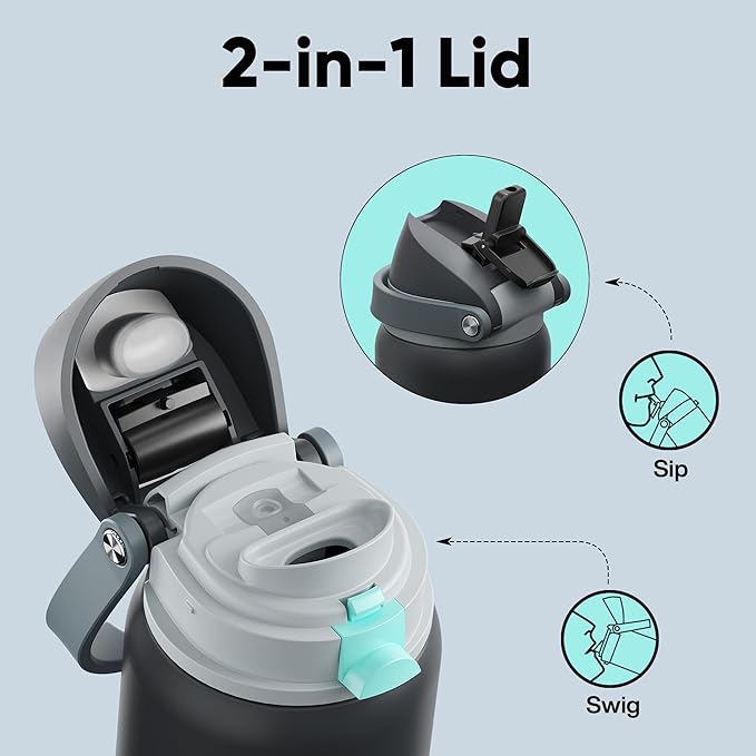 Insulated Water Bottle with Straw - Encool Stainless Steel Water Bottle with Push Button Lid, Leak-Proof & BPA-Free, Keeps Cold for 24 Hours for Sports, Travel, Gym (40 oz, Tuna Grey-Green)