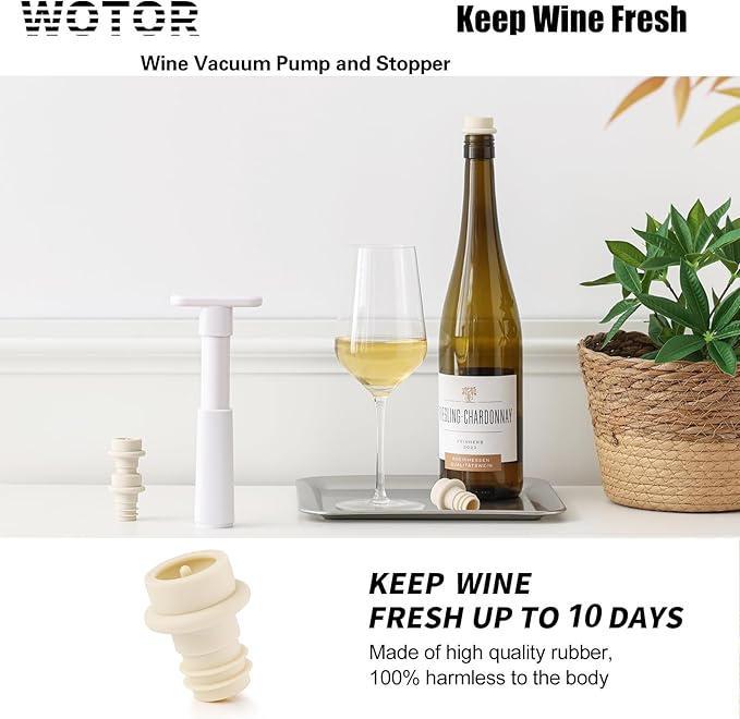 WOTOR Wine Saver Vacuum Pump with 4 Stoppers, Wine Stopper & Preserver, Reusable Bottle Sealer Keeps Fresh, Ideal Accessories Gift, Flat Handle (White)