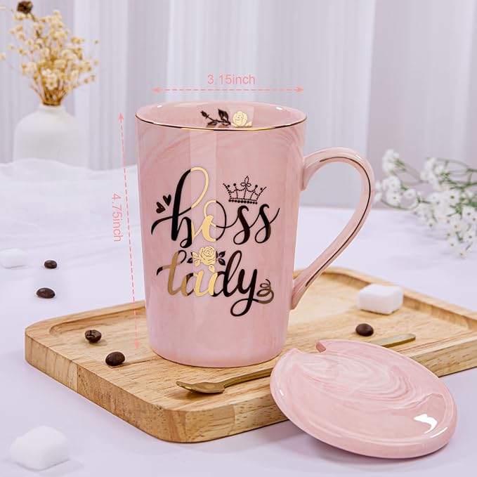 Biching Boss Lady Gifts for Women - Unique Birthday Gift for Women, Friend, Coworkers, Colleagues, Boss Female - Appreciation Mothers Day Gifts - 14Oz Marble Ceramic Coffee Mug Pink