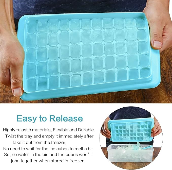 ARTLEO Ice Cube Tray with Lid and Bin for Freezer, Easy Release 55 Ice Cube Trays 2 Pack, Spill-Proof Filling & Transporting, Stackable Ice Maker Tray and Big Storage Container, BPA Free