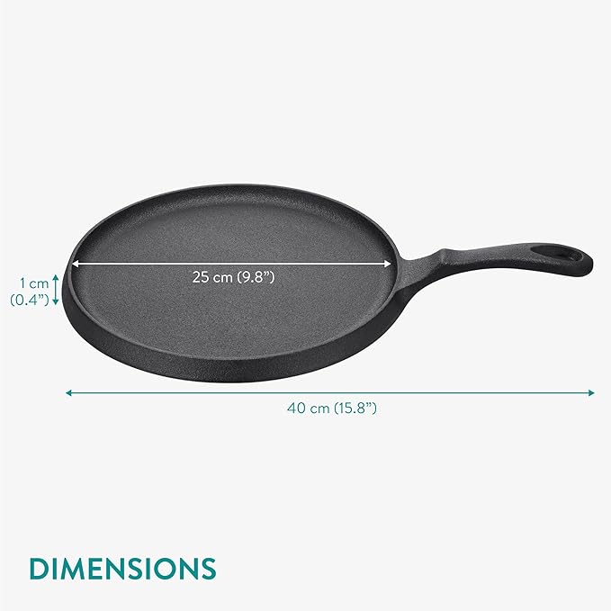 Navaris Cast Iron Griddle Pan - Durable Pancake Pan Also for Pizza, Tortilla, Dosa, Tawa, Roti, etc - Bakestone for Bread & Welsh Cakes - Suitable for Induction Hob, 10" (25.4 cm)