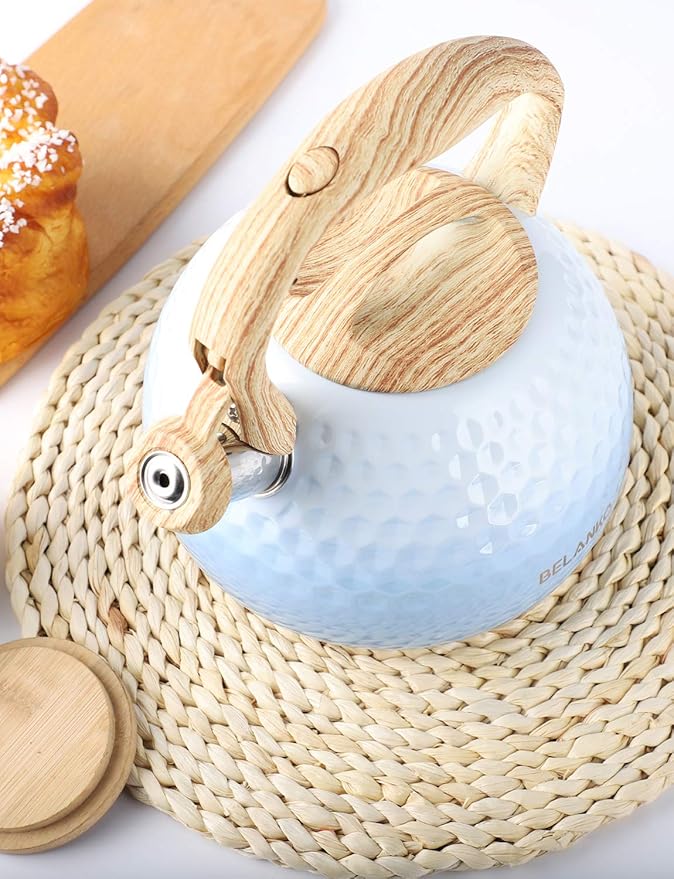 BELANKO 2.7 Quart Tea Kettle for Stovetop - Food Grade Stainless Steel with Diamond Texture, Designer Teapot Look, Cool-Touch Wood Pattern Handle, Whistling Spout - Gradient Blue
