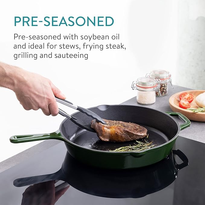 Navaris Enameled Cast Iron Skillet - 12" Frying Pan with Enamel Coated Finish - 12 inch Kitchen Cookware Fry Griddle for Stove Top and Oven - Green
