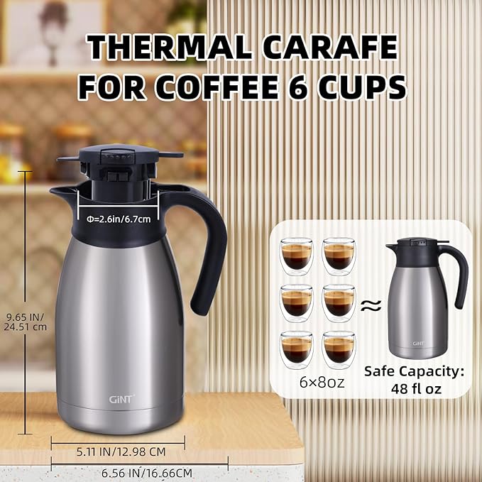 GiNT 51Oz Stainless Steel Thermal Coffee Carafe with Lid/Double Walled Vacuum Thermal Carafe / 12 Hour Heat Retention (Silver, 1.5L)