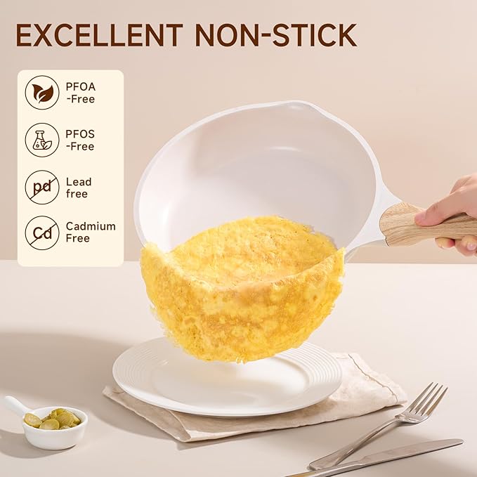 JEETEE 11 Inch Nonstick Frying Pan, Stone Coating Cookware, Nonstick Omelette Pan with Heat-Resistant Handle, Compatible with All Stoves (Beige)
