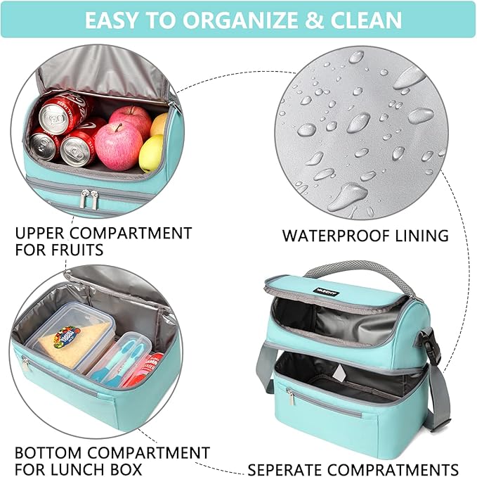 VASCHY Lunch Bag for Women, Insulated Lunch Box Leak-proof Cooler Bag in Dual Compartment Lunch Tote for Men, Women, 14 Cans (Turquoise)