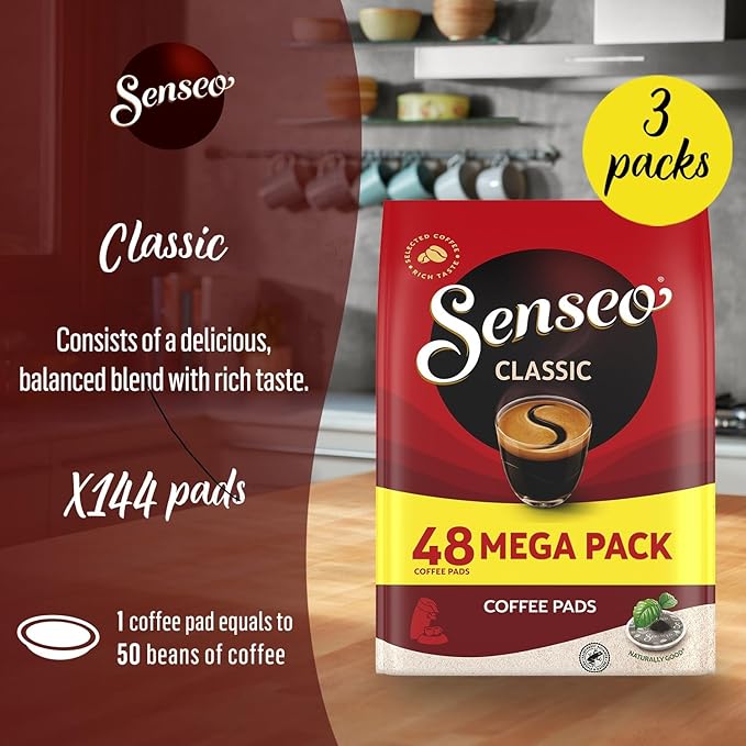 Senseo Classic Medium Roast Coffee Pods – 144 Count (3 Packs) – Smooth, Balanced Flavor with Rich Crema – Single-Serve Pads Compatible with Senseo & PeleCom Machines