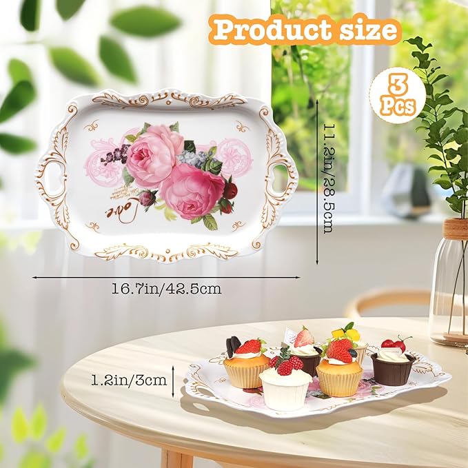 Melamine Serving Trays, 3-Pack Serving Tray Platter Trays for Serving Food, Melamine Tray Serving Platter for Gift, Party, Decor, Home, Restaurant (16" L x 11" W x 1.4" H)