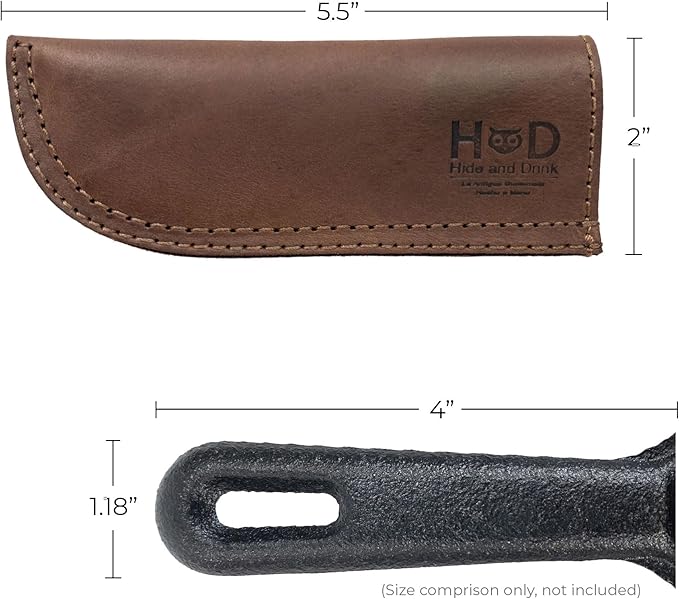 Hide & Drink, Full Grain Leather Hot Handle, Cast Iron Protector, Panhandle Potholder, Double Layered, Double Stitched, Slides On/Off Easily onto Metal Skillet Grips, Handmade, Sangria