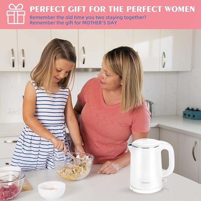 Secura Stainless Steel Double Wall Electric Kettle Water Heater for Tea Coffee w/Auto Shut-Off and Boil-Dry Protection, 1.0L (White) SWK-1001DW/HB-K012