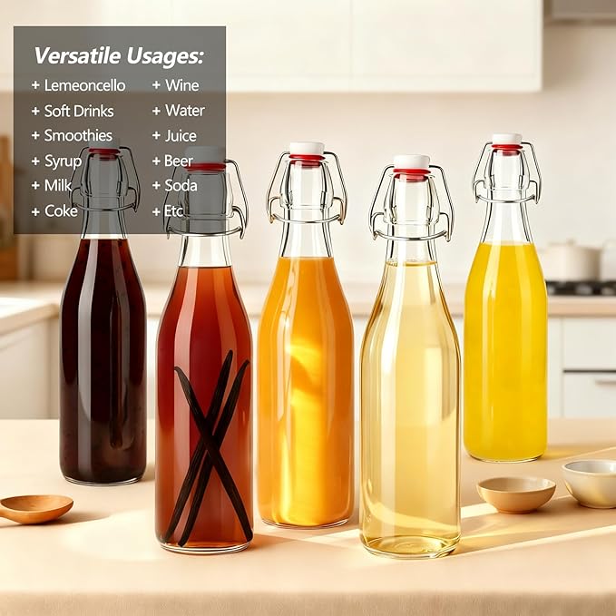 Ruckae 8 Pack 16oz Swing Top Glass Bottles with Air Tight Lids Kombucha Coquito Flip Top Glass Bottle Kefir Syrup Vanilla Extract Beer Brewing Bottles for Gift (16 oz 8 pack)