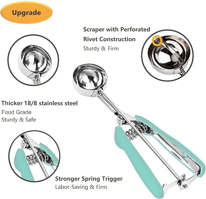 Mine Cookie Scoop, 2Tsp/10ml/0.34oz Cookie Scoops for Baking, 18/8 Stainless Steel Cookie Scooper for Baking, Cookie Dough Scoop with Non-slip Grip (Mint)