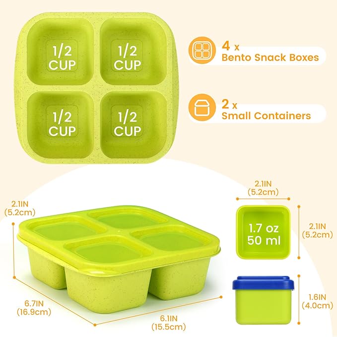 Caperci Lunchable Snack Containers - 4 Pack Bento Snack Boxes with 4-Compartment, 2 Leakproof Dip Cups, Reusable Divided Food Containers for School, Work, Travel (Jewel Brights)