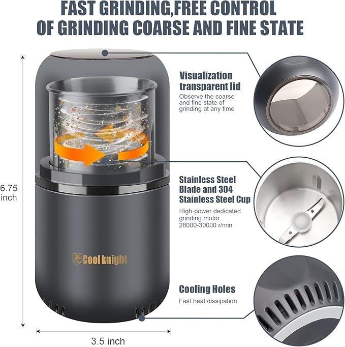 COOL KNIGHT Herb Grinder [large capacity/fast/Electric ]-Spice Herb Coffee Grinder with Pollen Catcher/- 7.5" (Grey)