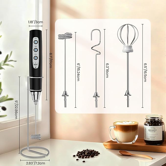 Milk Frother Handheld Rechargeable with Stand, Frother Wand Drink Mixer Electric Whisk for Coffee, Detachable With 3 Stainless Whisks, Hand Mixer for Lattes, Cappuccino, Matcha, Egg, Black