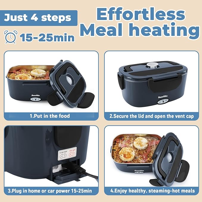 Electric Lunch Box for Adults, 80W Heated Lunch Box, 1.5L Stainless Steel Container | 12V/24V (Car/Truck) & 110V (Office/Home) | with Fork&Spoon and Insulated Carry Bag