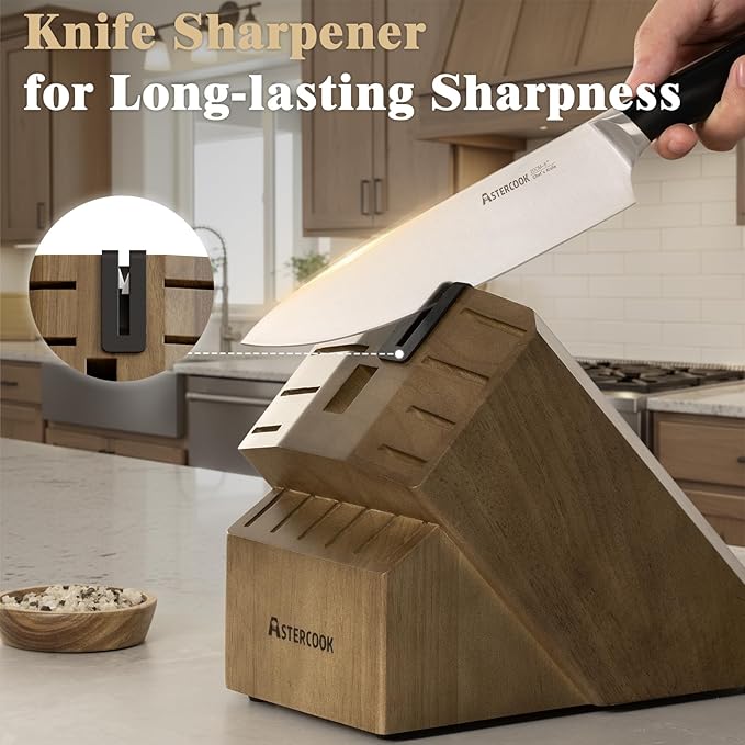 Astercook Knife Set, Kitchen Knives Set with Block and Sharpener Full Tang 17 Pcs German Stainless Steel Knives Sharp Blade Dishwasher Safe Premium Knife Set with Anti-slip Ergonomic Handle, Black