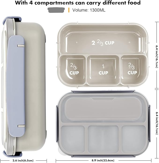 Bento Box Adult, Lunch Box Containers for Adults Men Women, 5 Cup Bento with 4 Compartments &Spork &Sauce Box, Leak-Proof, Microwave/Dishwasher Safe(Beige)
