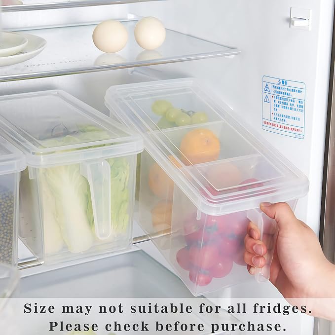 MineSign 2 Pack Plastic Divided Veggie Storage Containers with Lids and Handles for Fridge Storage Organizer Boxes for Refrigerator Produce Beans Fruits Organzation