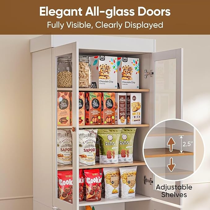 70.8" Tall Farmhouse Kitchen Pantry Cabinet with Glass Doors, Modular Storage Cabinet with 6-Tier Adjustable Shelves, White, Wooden Hutch for Kitchen, Living Room, Set of 3