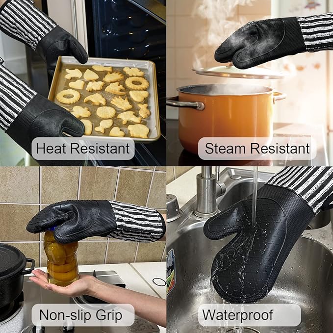 Silicone Oven Mitts Heat Resistant 932℉ with Waterproof & Non-Slip Kitchen Mittens, Set of 2 Extra Long Oven Gloves with Soft Cotton Terry Lining for Baking Cooking Barbecue (2, Black Mitts)