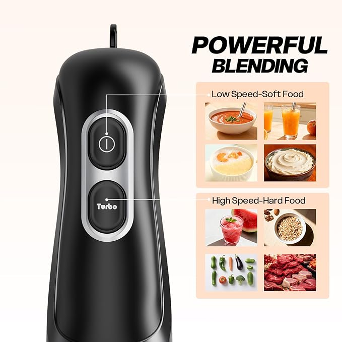 Immersion Blender Handheld Corded Electric Hand Blenders Portable Stick Mixer with 2 Mixing Speed and Stainless Steel Blades Emulsifier for Blending Soup, Smoothies, Puree or Baby Food
