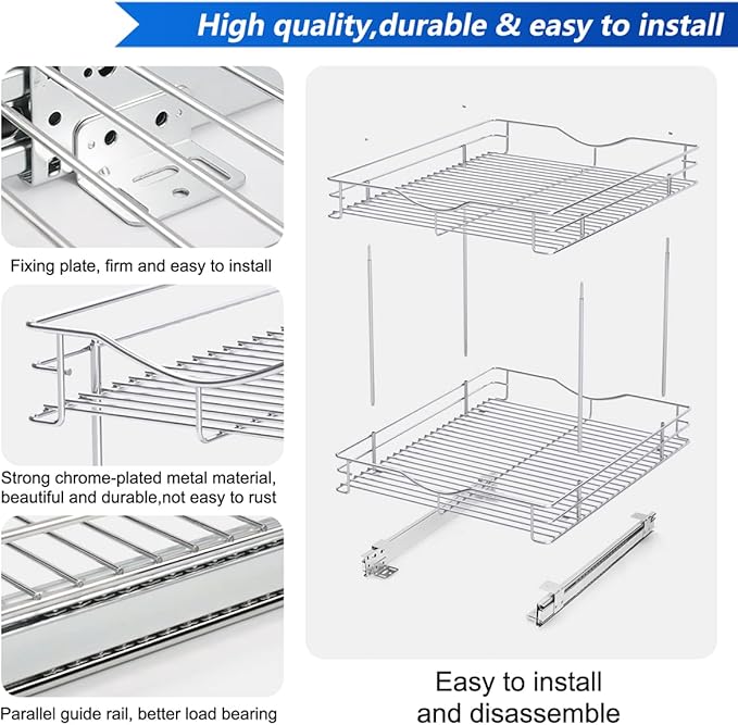 FULGENTE Chrome Finish Pull Out Drawer Cabinet Organizer 2 Tier (17" W * 21" D*15.12''H) Professional Sliding Pantry Shelves Under Kitchen Bathroom Sink Wire Drawer Storage Roll Out Shelf Basket