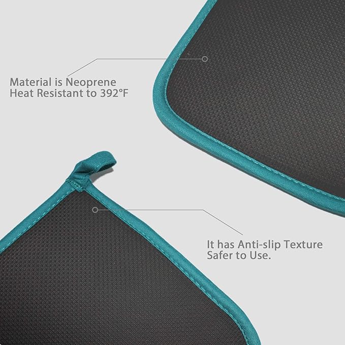 Cotton and Neoprene Oven Pads Pot Holders with Pocket 8"x8.5" Dual-Function Hot Pad Set for Finger Hand Wrist Protection Heat Resistant to 428°F Teal