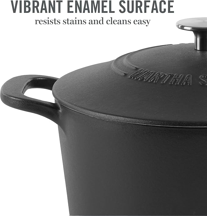 MARTHA STEWART Gatwick 7 QT Enamel Cast Iron Dutch Oven Pot with Lid, Matte Black