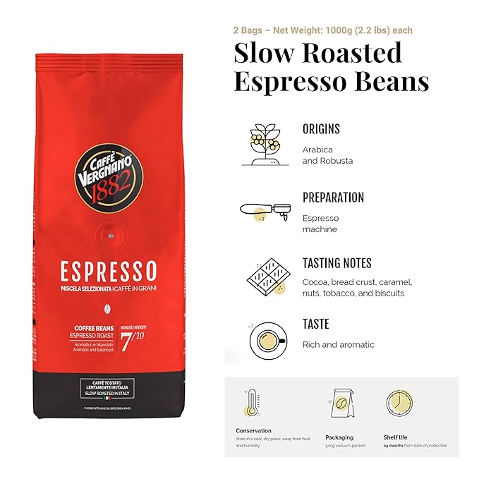 Caffe Vergnano 1882 Espresso Whole Bean Arabica Roast Coffee, 2.2 lb bag - Italian Medium Roast Coffee Beans with notes of Chocolate, Nuts & Caramel, Intensity 7/10-1000g Bag (2 Pack)