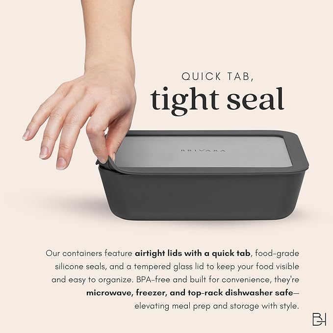 Ceramic Coated Glass Food Storage Container | No PTFE, PFOA, PFAS, and BPA | Reusable Non Toxic Meal Prep Container with Glass Lid | Easy To Store | 11 Cup Rectangle [Onyx]