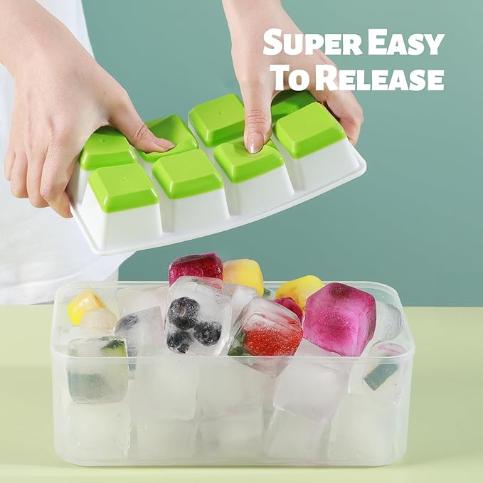 Large Ice Cube Trays with Lid, Jrisbo 2 Pack Stackable Silicone Ice Cube Molds for Freezer, Easy Release 16 Big Square Ice Trays for Whisky Cocktails