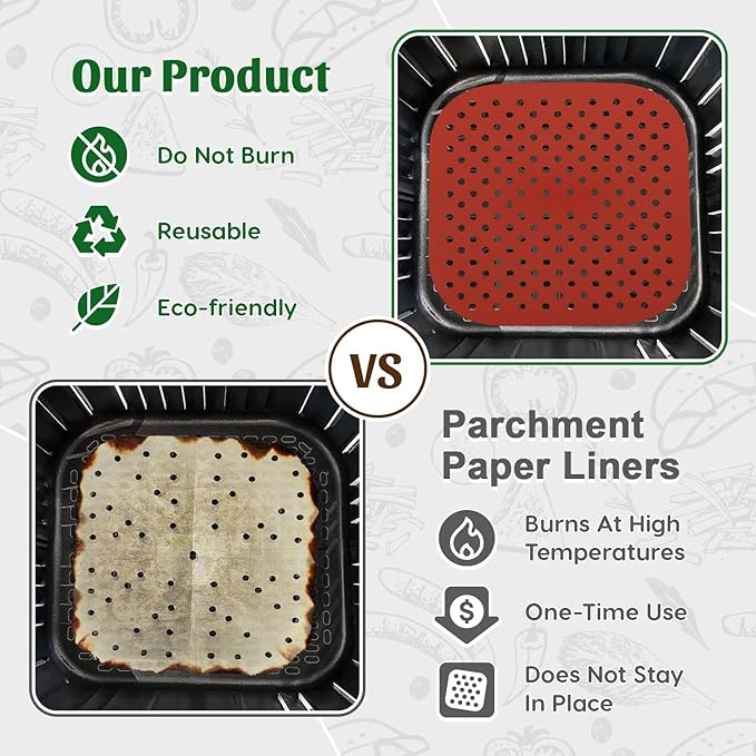 Reusable Square Silicone Air Fryer Liners (7.5 Inch, 3 Pack) by Linda’s Essentials - Non-Stick, Easy-Clean Accessories with Cheat Sheet & Recipe Book, Perfect for Quick Meals