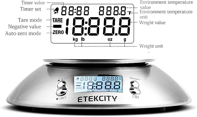 Etekcity Food Kitchen Scale with Bowl, Digital Weight Scale for Food Ounces and Grams, Cooking and Baking, Timer, and Temperature Sensor, 2.06 QT, Stainless Steel