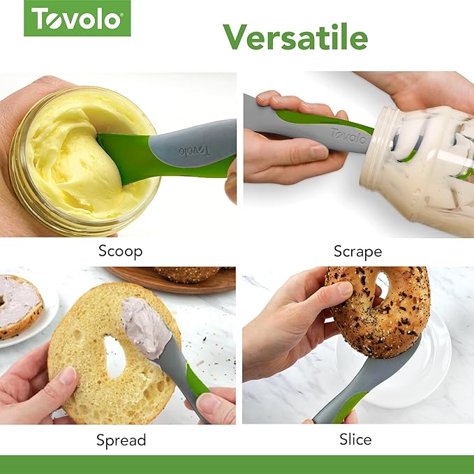 Tovolo Mini Scoop and Spread Tool for Kitchen Meal Prep Small Sandwich Spreader Spatula for Peanut Butter Jelly, Silicone BPA Free Dishwasher Safe Scooper Spreader, Pesto Green and Oyster Gray