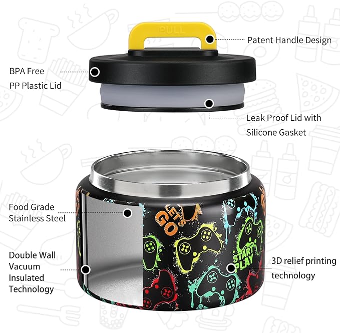 MAISON HUIS 8oz Soup Thermo Wide Mouth Vacuum Insulated Food Jar, Leak Proof Stainless Steel Hot&Cold Lunch Container for Kids (Black-Games Console)
