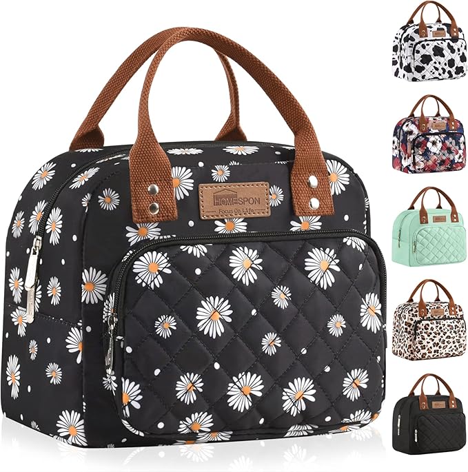 HOMESPON Lunch Bag for Woman Man Adults with Front Pocket Insulated Lunch Tote Lunch Box Container for Work Picnic or Travel(Daisy)