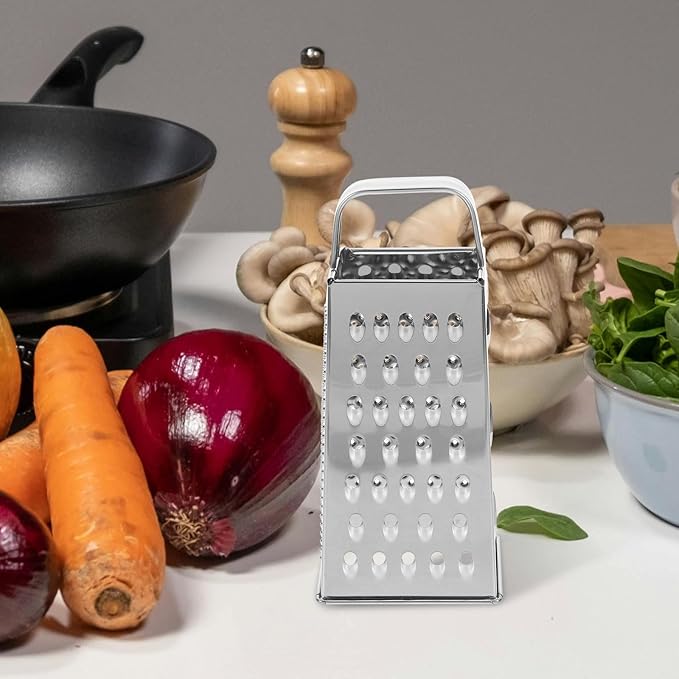 1pc Stainless Steel Vegetable Grater Portable Metal Grater 4-Sided Cheese Grater with Handle for Kitchen Restaurant (8inch)
