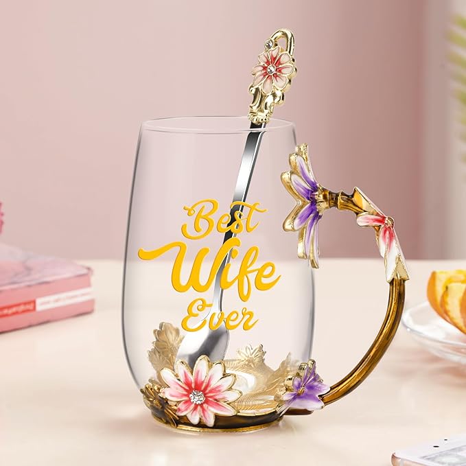 OEAGO Gifts for Wife from Husband Romantic Tea Cup Gifts for Her Birthday Flower Glass Mugs Wedding Mothers Day Christmas Anniversary