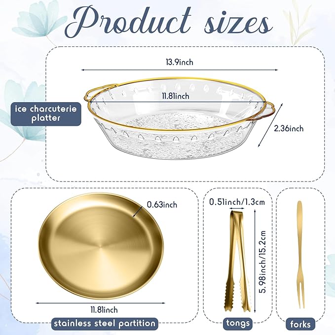 Baderke 6 Sets 11.8" Chilled Serving Tray for Parties Round Iced Platter with Ice Underneath Stainless Steel Clip Fruit Fork Shrimp Cocktail Serving Dish for Oysters Crawfish Fruits (Gold)