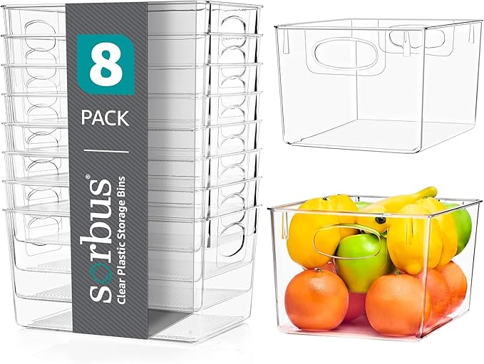 Sorbus Large Clear Plastic Storage Bins for Shelves, Clothes, with Handle - Clear Storage Bins, Drawer, Shelf, Closet, Pantry, Fridge, Freezer Organizer Bins, Closet Organizers and Storage (8 pack)